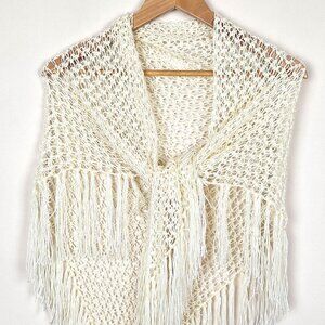 Boho Hippie Gypsie Crocheted Shawl Wrap. Ivory Fringed Lightweight Cottagecore